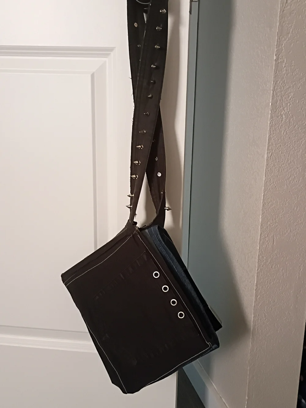 Black Canvas Crossbody Bag with Studded Strap